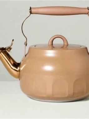 Hearth & Hand Magnolia Stainless Steel 2 Qt Tea Pot Kettle Tan Brown Arch NWT